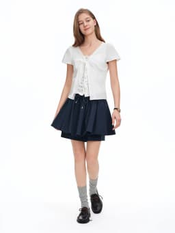 DUSHU Drawstring Pleated White Mini Skirt for Women 2026 Summer Fresh Preppy Style Simple Youthful Trendy Chic Korean