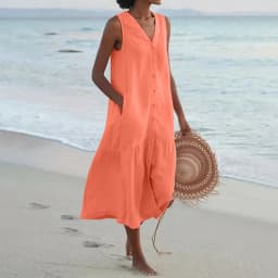 Summer Loose Casual Patchwork Cotton Linen Pocktes Dress V Neck Beach Style Dress Sleeveless Vintage Club Midi Solid Women Dress