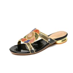 Summer New Comfort Non-slip High Heel Genuine Leather Crystal Inlaid Diamond Women's Beach Fashion Versatile Bohemian Shoes