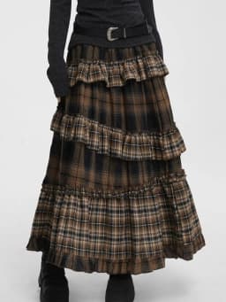 Y2k Harajuku Vintage Long Skirts Plaid Ruffles Patchwork Casual Loose Cake Skite Punk Gothic Streetwear All Match Women Clothing