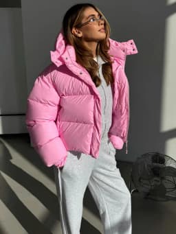 Women's Glossy Shiny Hooded Zip Cropped Puffer Jacket Oversized Loose Fit Long Sleeve Elastic Cuff Padded Warm Casual Winter Top