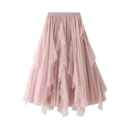 Women's Lotus Leaf Edge A Line Fairy Elastic Waist Tulle Skirt Midi High Waist Mesh Dress Solid Color Irregular Yarn Skirt D8808
