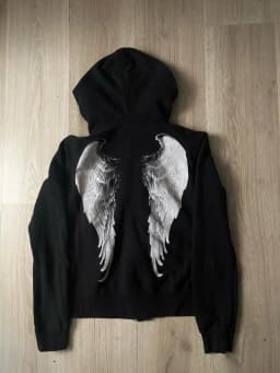 Mens Black Wing Pattern Zip Up Hoodie Street Style Trendy Young Stylish Casual Urban Hip Hop Cool Hooded Sweatshirt for Men