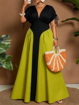 Summer New plus Size Midi Dress V-Neck Pure Color Block Waist Cinched Dress Romantic Style Loose Fit High Waist Polyester Fiber