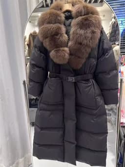 Lagabogy 2026 Long Down Jacket Winter Large Real Fox Fur Collar Waist Women Parkas Elegant Thicken Hooded White Duck Puffer Coat