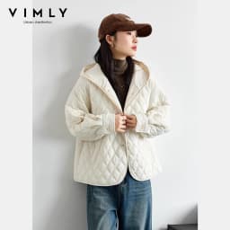 VIMLY Women's Beige Quilted Puffer Jackets Casual Long Sleeve Short Hooded Parkas Loose Pocket Coats 2026 Winter Clothes M9530