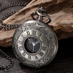Large classical black dual display Roman retro watch with black face, Roman letters, white needles, nostalgic pocket watch