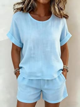 2026 Summer New Women's Solid Color Casual Crew Neck Short Sleeve Top & Shorts 2-Piece Outfit Set