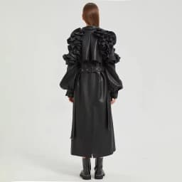 Mauroicardi Spring Extra Long Black Ruffled Soft Faux Leather Coat Women Belt Elegant Chic Luxury Designer Clothes Overcoat 2025