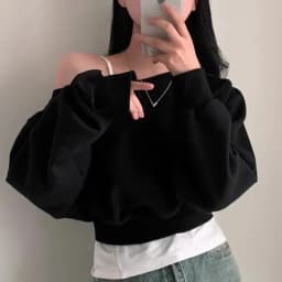Spring 2025 Early Loose Fit Long Sve oulder Bared Slant Collar Hoodie American Sle Women's T-irt Casual Versatile Hi...