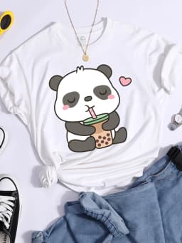 Kawaii Panda And Its Favorite Bubble Tea Female T-Shirt Street Personality Crop Top Summer Casual Tees Shirts Cool Sport Tshirts