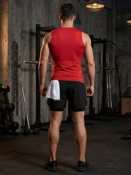 Men's Workout Running Athletic Clothing Set Sleeveless Compression Shirt Tank Top 2-in-1 Gym Shorts with Phone Pocket Towel Loop