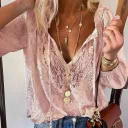 V-neck Hollow Air Quality Commuting Loose Printed Solid Color Lace Shirt Women Beach Vacation New Versatile Long-sleeved T-shirt