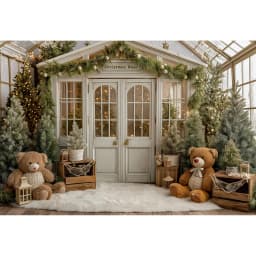 White House With Christmas Tree and Little Bear Photography Backdrop Kids Baby Cake Smash Photocall Studio Backgrounds