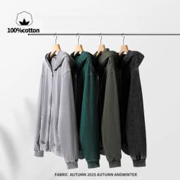 300gRetro Water - Washed Hooded Zip - Up Sweatshirt: 100% Cotton Loose Fit, Tailored Unisex, Loose Casual Sweatshirt