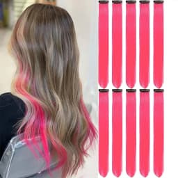 Synthetic 10 PC Hair Extensions Red and Blue Clip in SOlldag Colored Party Highlights Straight Hairpiece for Kids Girls Women