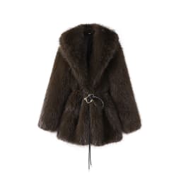 With Belt Fur Coat Fluffy Large Heart Shaped Waist Cinching Deep V Mid Length Overcoat Warm Plush Women Trend Outwear Winter Top
