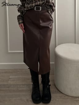Long Leather Skirts For Women Brown High Quality PU Midi Bodycon Skirt Front Split High Waist Women's Leather Skirt Black Midi
