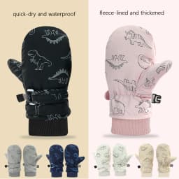 Children Waterproof Skiing Fleece Lined Mittens Dinosaur Patterned Winter Gloves Kids Outdoor Cold Weather Accessories