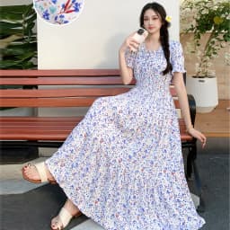 Summer New Cotton Silk Floral Print Maxi Dr ort Sve Beachwear High Waist Young Women's Large Skirt Swing Dr
