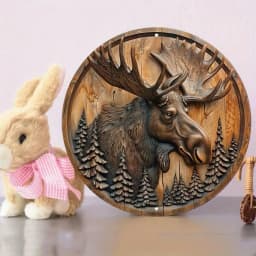 2D Rustic Wreath Circular Wall Decor 1pc - Moose & Pine Trees Wood Carving Design, Waterproof Aluminum Sign for Outdoor Use