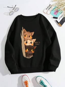 Three Little Cats Are Secretly Watching You Print Hoodie Women Street Loose Sweatshirt Basics Sporty Pullover Winter Clothes