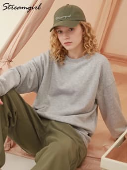 Streamgirl Loose Sweatshirt Women Autumn Basic Plain Sport Cotton Pullover Casual Navy Blue Women Sweatshirts High Quality Tops