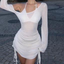 2025 Summer Women Solid Skew Collar Ruched Straps Lace-Up See Through Draw String Mini Dress Party Clubwear Wholesale