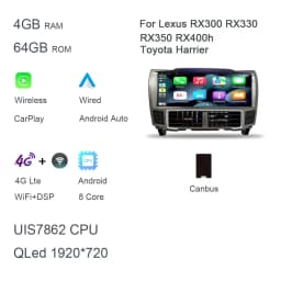 1920*720 QLED 12.3" Carplay 8G+128G Android 13 Car DVD Player GPS Stereo Radio For Lexus RX300 RX330 RX350 RX400h Toyota Harrier