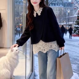plus Size Lace Splice Loose Fit Sweatshirt Women's Fake Two-Piece Style Autumn Winter New Arrival Korean Commute Fashion