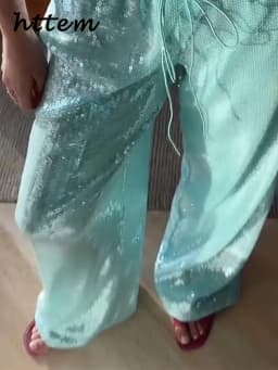 Street Women's Sequin Lace Up Pants Elastic Low Waist Wide Leg Female Trousers 2026 Spring Summer Lady Shiny Party Chic Pants