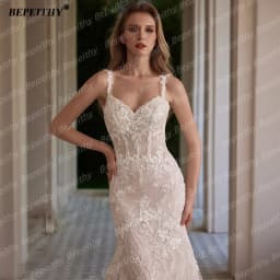 BEPEITHY Customized Luxury Beading Mermaid Wedding Dresses 2025 V Neck Sleeveless Lace Trumpet Ivory Bride Champagne Bridal Gwon