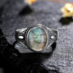 Silver Ring for Women Oval Round Natural Labradorite Ring Gift Sun Shaped Retro Luxury Fine Jewelry