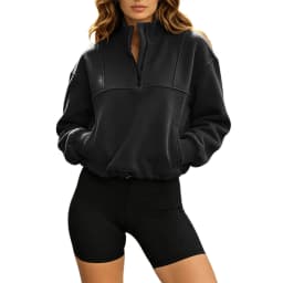 Women Half Zip Cropped Sweatshirt Stand Collar Long Sleeve Drawstring Hem Pullover With Pockets Loose Casual Y2k Cropped Hoodies