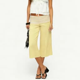 Womens Striped Fold Over Lounge Capri Pants Low Rise Wide Leg Gaucho Pants Yoga Culottes Casual Foldover Bottoms