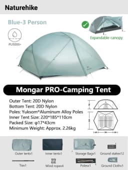 Naturehike Mongar 1 2 3 Base/UL/PRO Camping Tent Ultralight Outdoor Waterproof Hiking Tent 1 2 3 Person Backpacking Tent