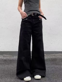 American-style retro button design washed jeans spring and autumn high-waist loose high-street wide-leg jeans for men and women