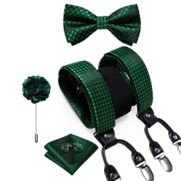 Luxury White Men's Suspenders Adjustable 6 Clips Braces DiBanGu Leather Metal Pre-Tied Bow Tie Brooch Pocket Square Set