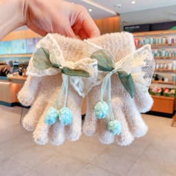Kids Lace Bow Plush Full Finger Gloves For Girls Cute Flower Bud Decor Girls Winter Warm Windproof Faux Mink Fur Kawaii Gloves