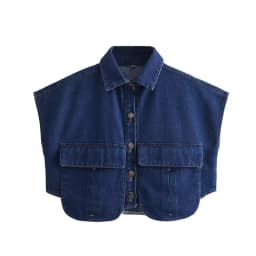 Zevity Women Fashion Solid Color Double Pocket Patch Short Denim Blouse Female Button Shirt Chic Chemise Crop Blusas Tops LS5015