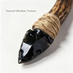 1pc Hand Knapped Obsidian Blade Antler Handle, Primitive Tribal Craft Decor, Altar Display Prop Collectible Ornament