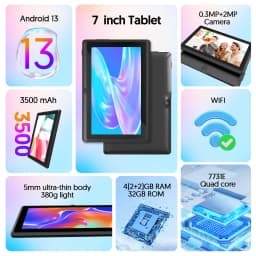 BAKEN 7-inch Tablet (Android 13, Quad-core, 2GB+32GB, Supports 1TB Expansion, WiFi 6, Dual Cameras); Includes Protective Case