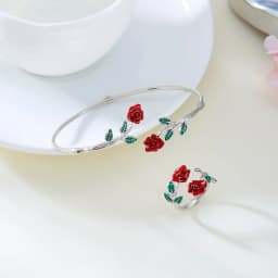 Retro Red Rose Flower Bracelet Ring Set For Women Vintage Drip Oil Open Adjustable Cuff Bangle Finger Ring Party Wedding Jewelry