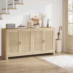 Rattan Accent Storage Cabinet with 4 Doors and Shelf - Modern Console Coffee Bar Cabinet for Dining Room, Kitchen, Living Room,