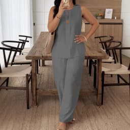 Summer Women Fashion 2 Piece Set Solid Button Tank Tops & Vintage HIgh Elastic Waist Pants Sets Female Chic Pants Suit Outfits
