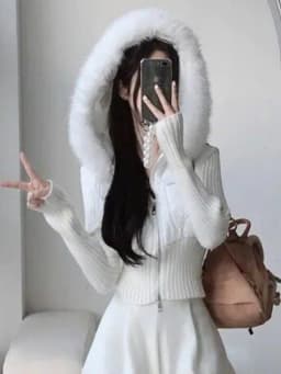 Chic Knitted Patchwork Double Zipper Short Jacket Women's Small Size Waist Cinching Slimming Faux Fur Collar Cotton Coat Trendy