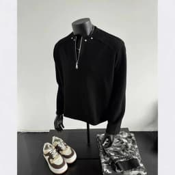 Men's Sweatshirt 2026 Spring Autumn Black Half Zip Shoulder Pad Sweatshirt Studded Regular Shoulder Edgy Cropped Sweater