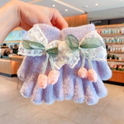 Kids Lace Bow Plush Full Finger Gloves For Girls Cute Flower Bud Decor Girls Winter Warm Windproof Faux Mink Fur Kawaii Gloves