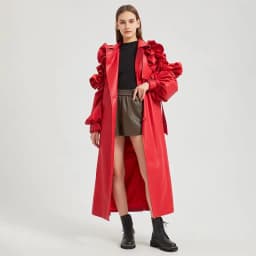 Mauroicardi Spring Extra Long Black Ruffled Soft Faux Leather Coat Women Belt Elegant Chic Luxury Designer Clothes Overcoat 2025