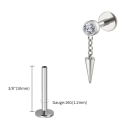 Right Grand ASTM F136 Titanium Bezel CZ Dangle Cone Labret Cartilage Earring Conch Helix Stud Tragus Spike Chain Drop Earring